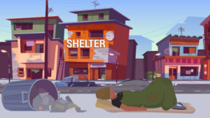 Illustration Of Homeless Man Sleeping On Sidewalk Outside Homeless Shelter